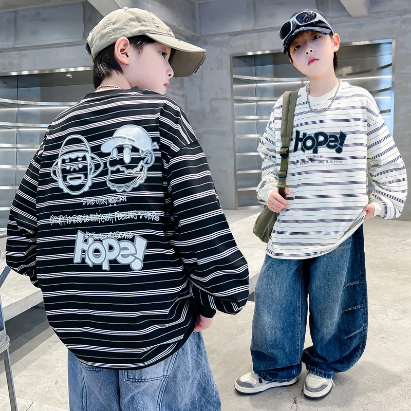 男童秋季条纹卫衣大码中大童宽松休闲纯棉韩版打底衫T恤儿童上衣t