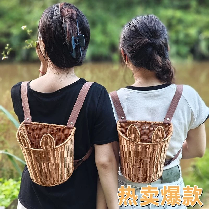 Q20儿童背篓采摘茶叶水果娄子创意手工编织背篼可坐加固户外背篓
