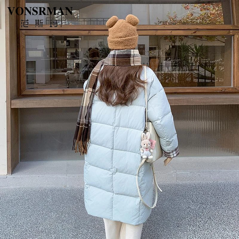 蓝色羽绒服女2025冬季新款时尚百搭高级感立领长款保暖中长款外套