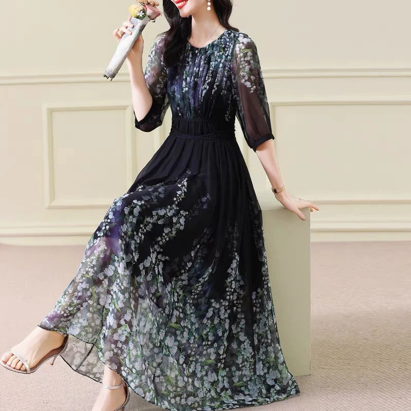 法式收腰气质长裙高端碎花连衣裙C63003