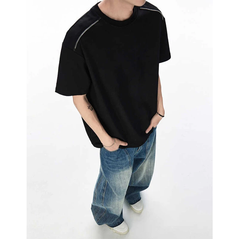 VEGOROM美式太空棉重磅Boxy短袖男夏季潮牌解构拉链设计感T恤半袖