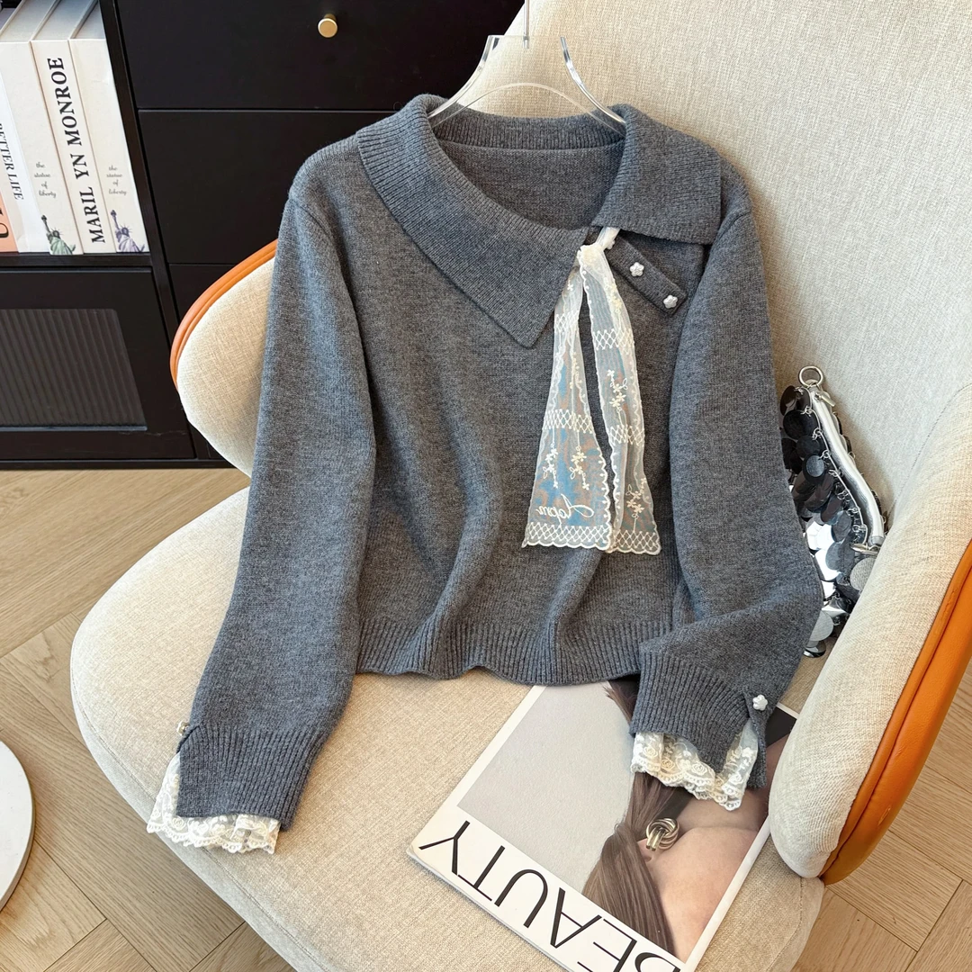 温柔风长袖毛衣女秋季蝴蝶结设计感长袖针织打底衫通勤精致上衣