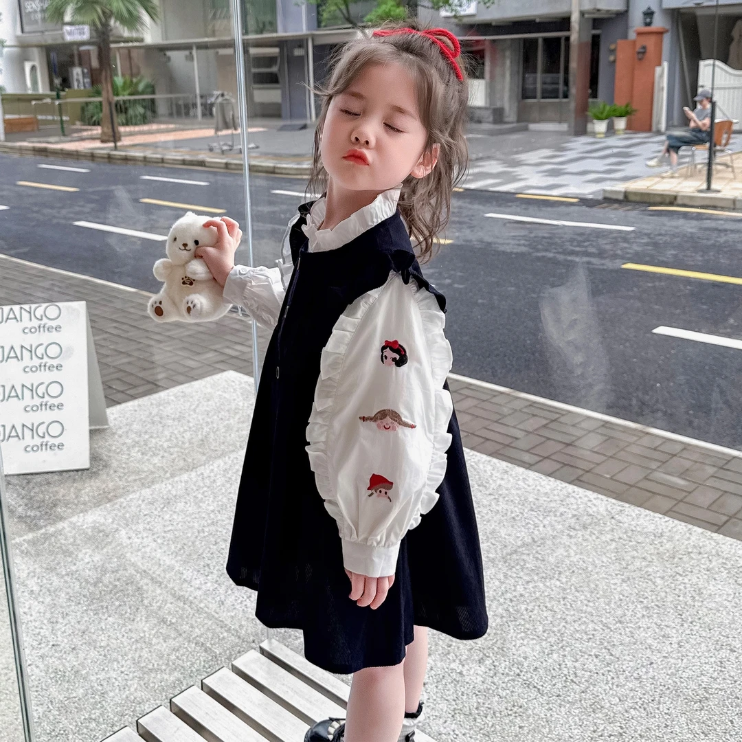 女童秋装公主裙女连衣裙长袖卡通动漫直筒裙刺绣新中式动物时尚潮