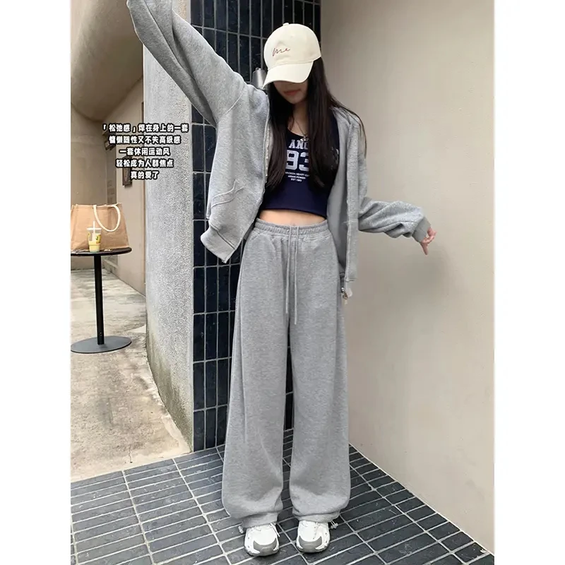 灰色运动裤女秋季冬2025新款小个子高腰垂感直筒阔腿美式休闲卫裤