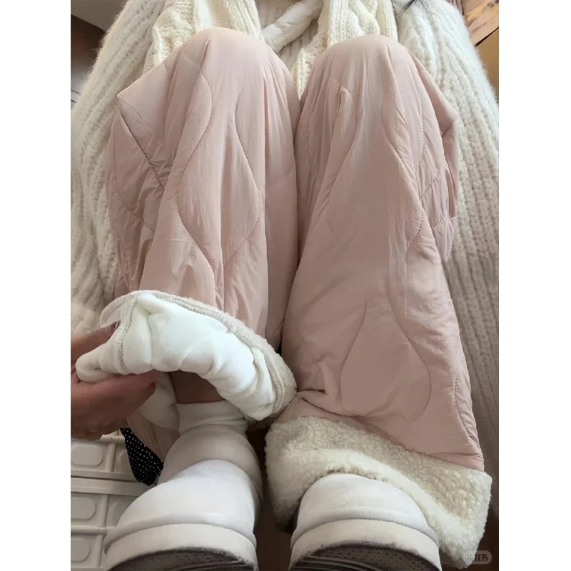 加绒加厚摇粒绒拼接阔腿棉裤女冬季2025年新款高腰宽松超火休闲裤