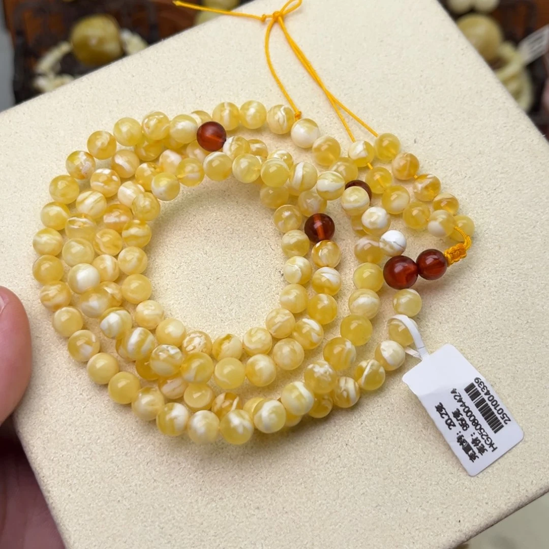 蜜蜡颈饰未镶嵌6大加圆珠108金瓷白虎皮纹