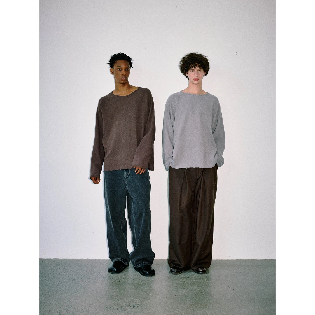 Anniehall25fw 华夫格宽松oversize大廓形毛边设计师长袖teeT恤