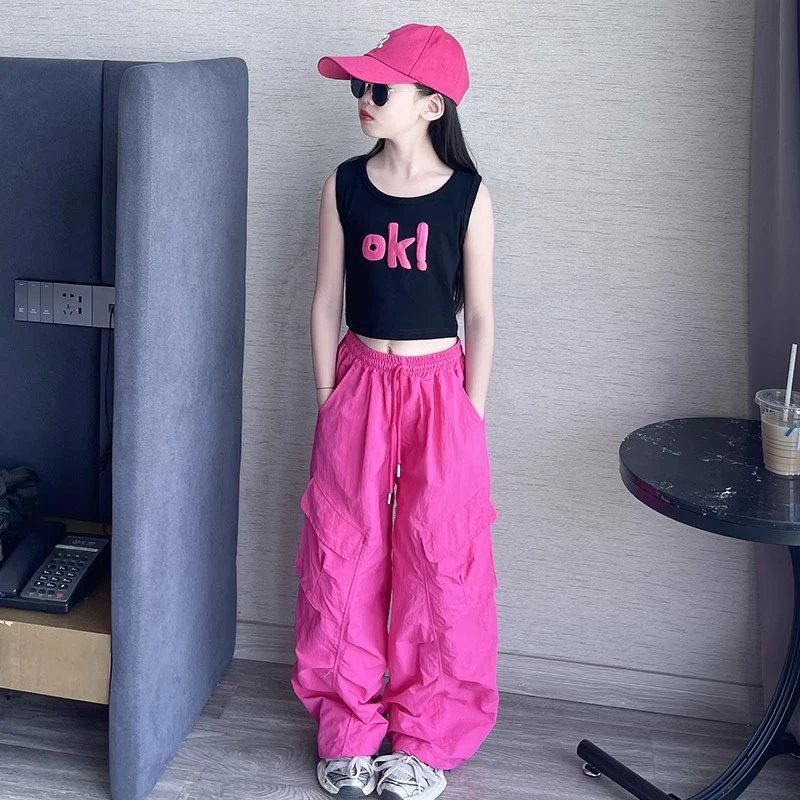 女童2025夏季薄款网红背心T恤美式嘻哈街舞速干轻薄工装裤两件套