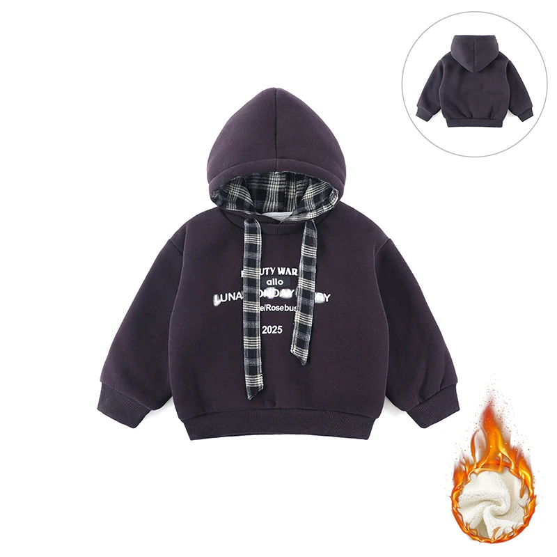 【加绒加厚】儿童连帽卫衣冬季新款男童韩版字母拼接格子长袖AS995