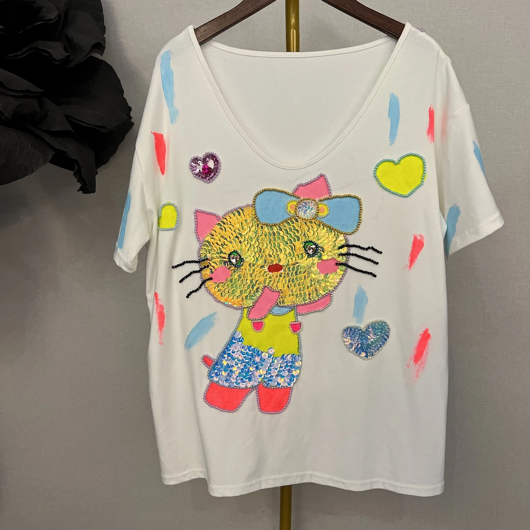 W1163手工手绣亮片kitty猫设计师款休闲元气大领口时尚潮牌恤