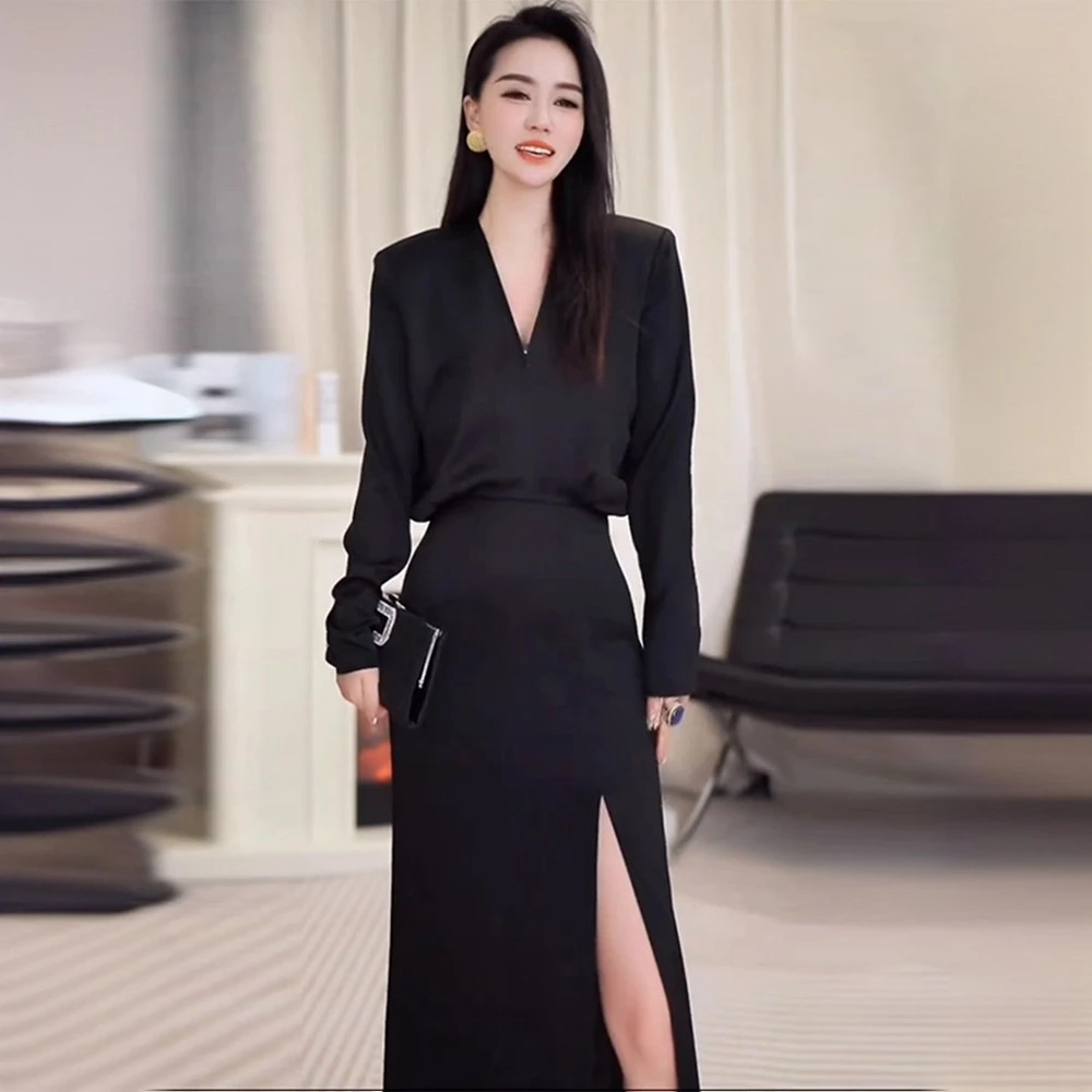 大码名媛气质轻奢女人味连衣裙春秋胖mm高级感小香风黑色开叉长裙