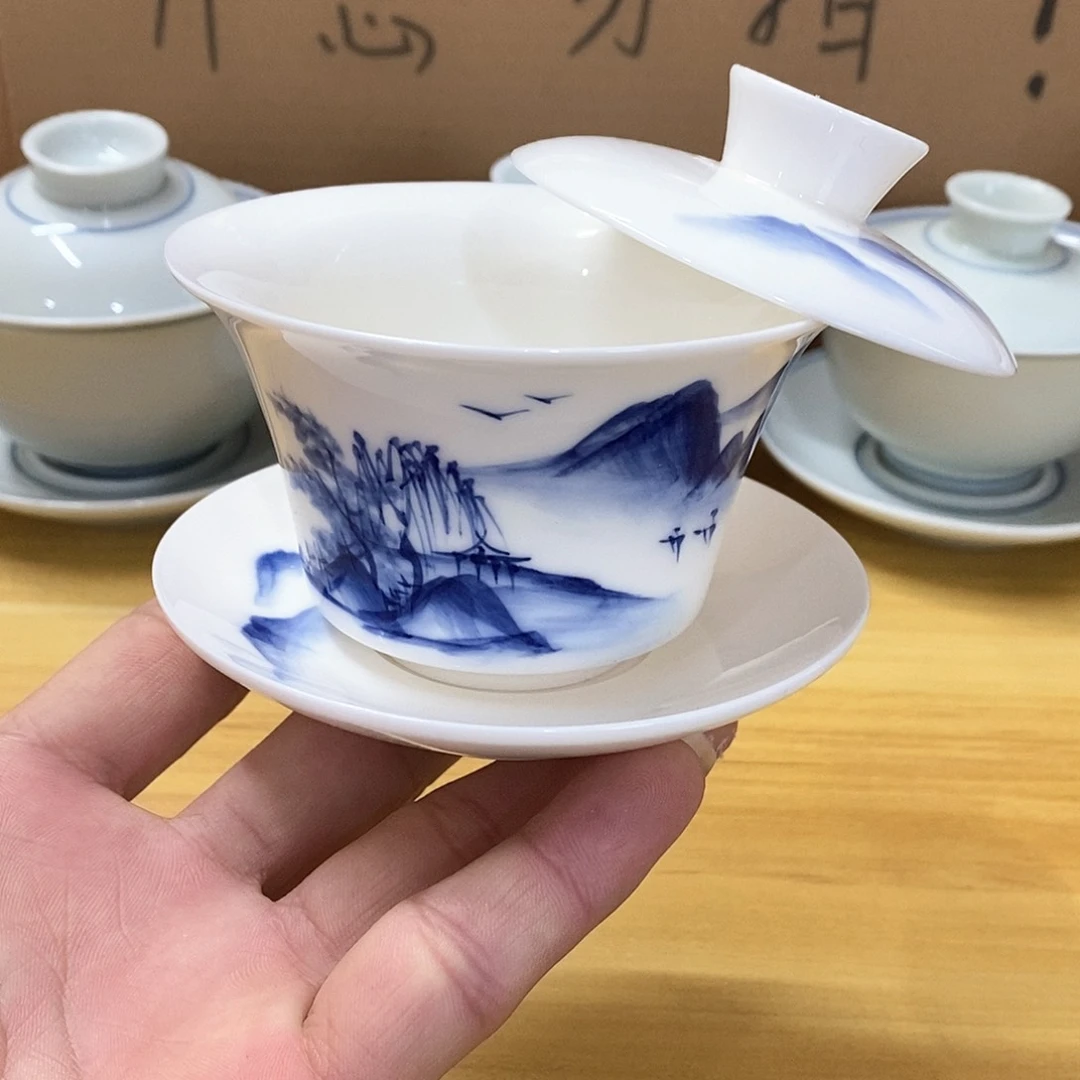 羊脂玉瓷手绘盖碗（瑕）150