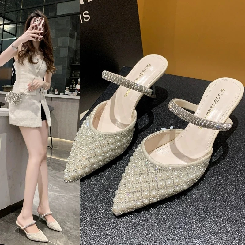 尖头时装凉鞋女2025夏季新款时尚水钻高跟鞋网红珍珠两穿包头拖鞋