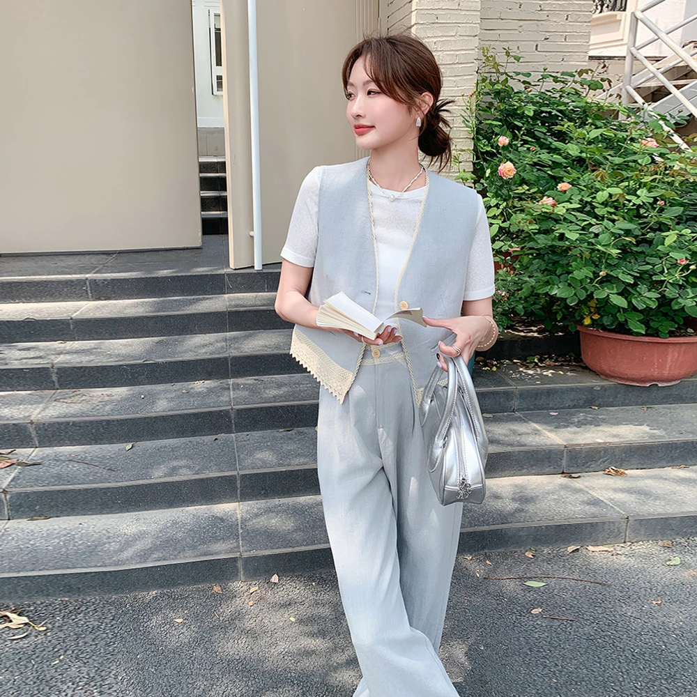 开春一整套ootd穿搭爆款高级感蓝色马甲阔腿裤三件套新款休闲套装