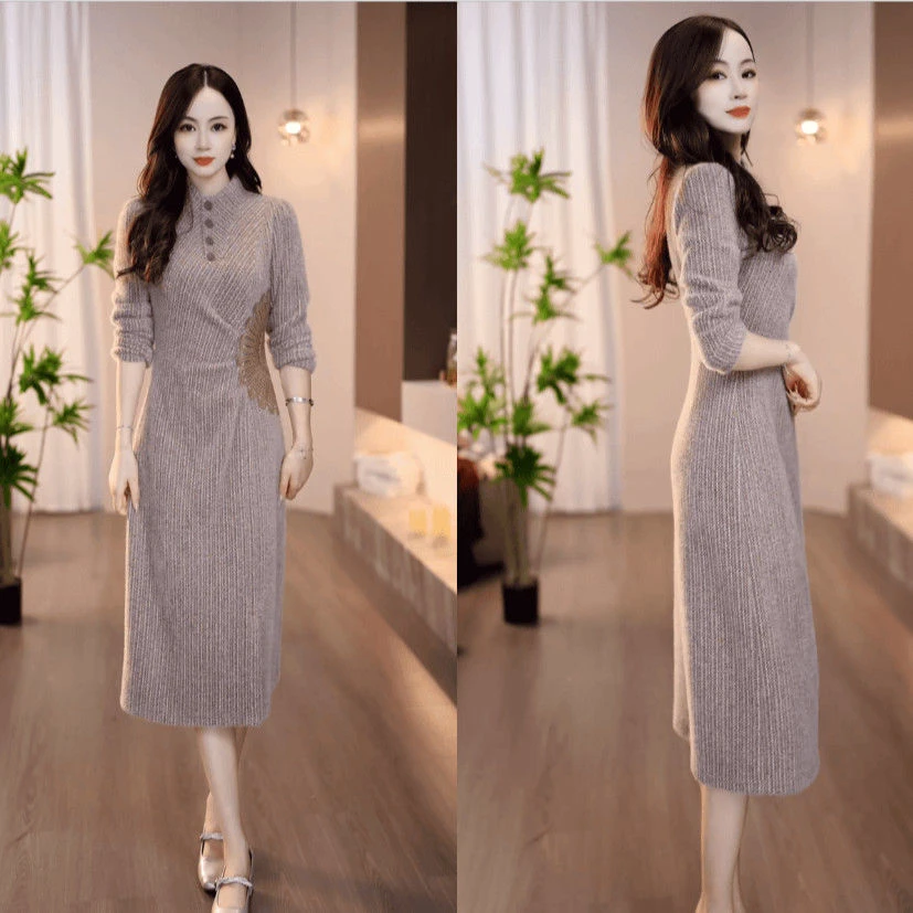 高级贵妃绒减龄拼接礼服裙2025秋季新款时尚显瘦优雅中长款连衣