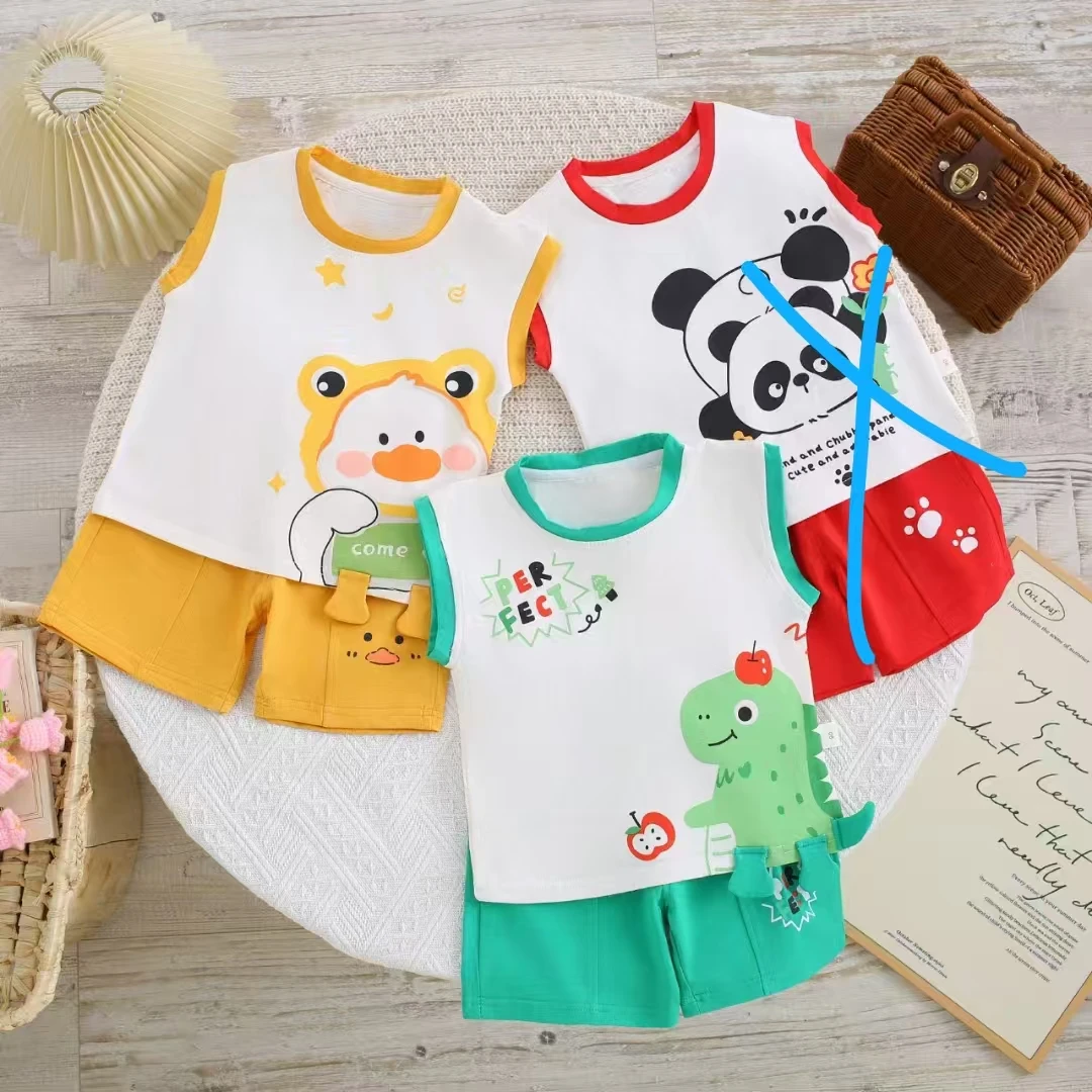 冰氧棉夏季萌趣恐龙卡通儿童宽肩背心套装