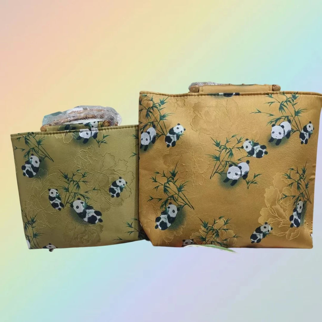 熊猫蜀锦国风缎面中式竹节手提包