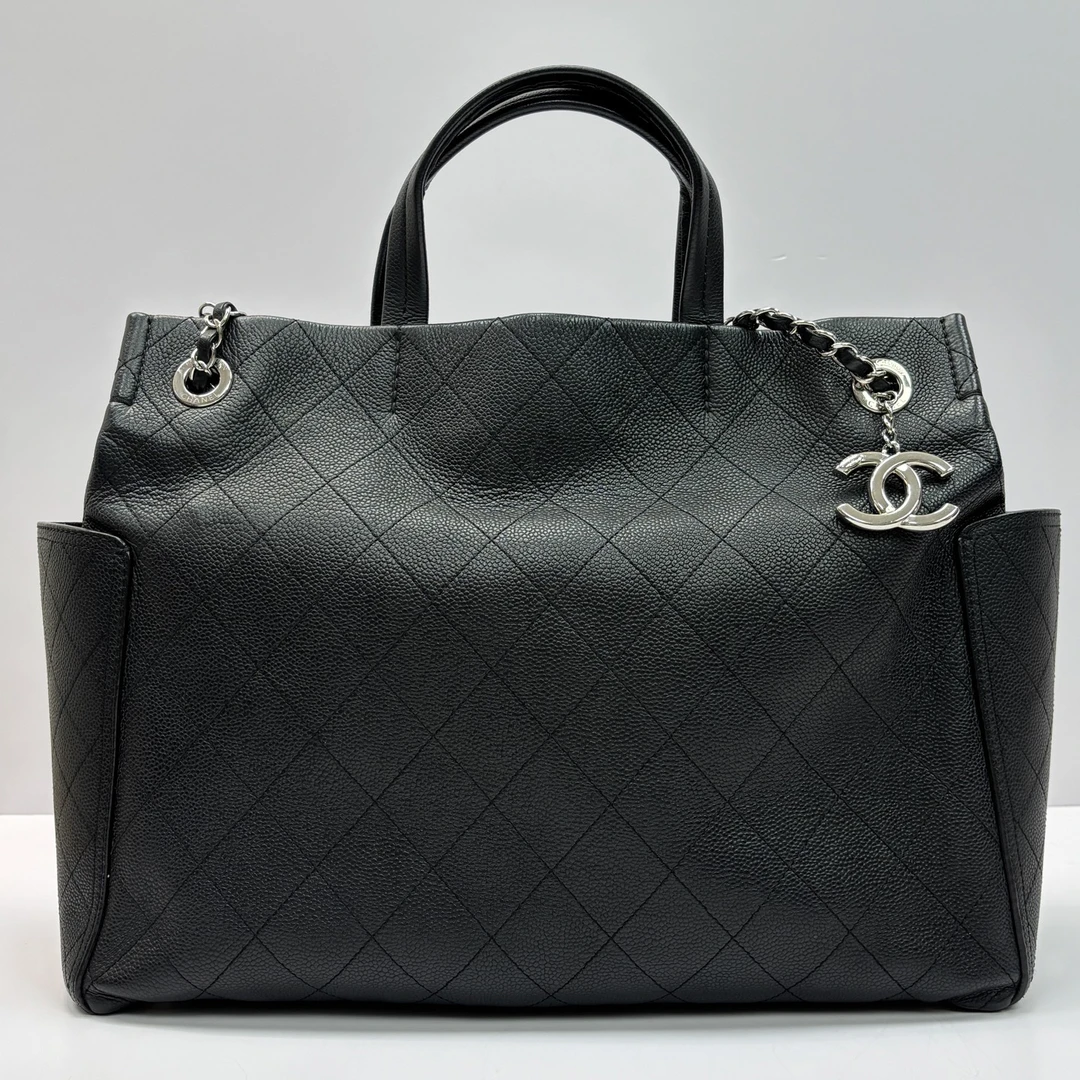 95新 Chanel/香奈儿 黑银菱格纹手提单肩托特包 23252