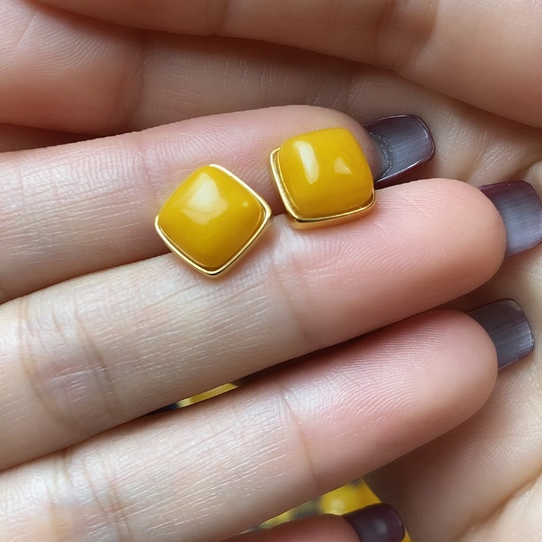 蜜蜡耳饰银S925镀金镶嵌