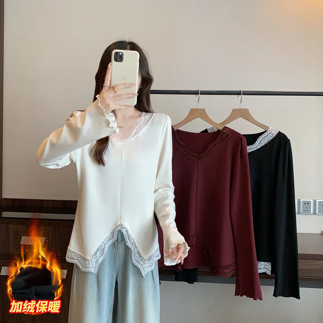 清大码女2025年秋冬时尚设计感拼接蕾丝V领加绒内搭T恤上衣63861