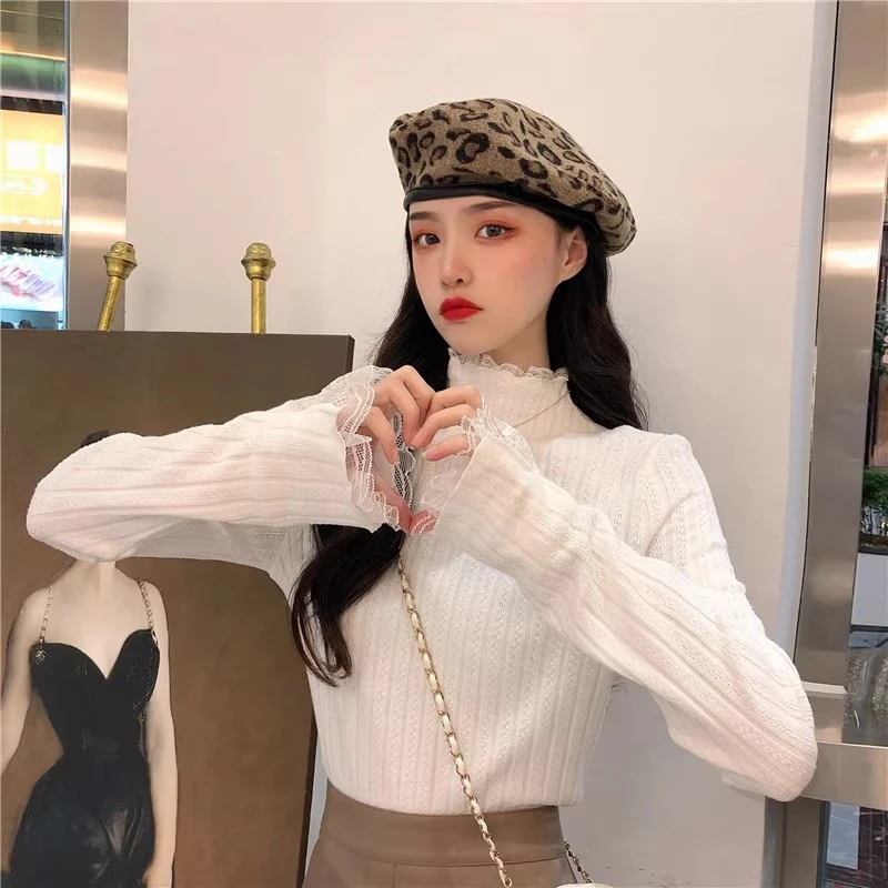 蕾丝打底上衣百搭秋季时尚薄款洋气套头毛衣半高领提花镂空针织衣