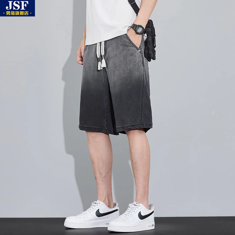 莱赛尔牛仔短裤男士夏季薄款2025潮牌复古渐变宽松直筒休闲五分裤