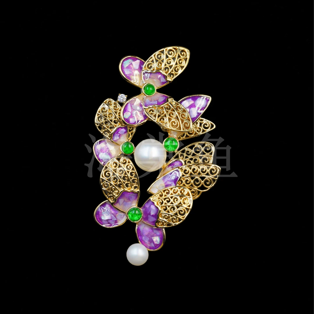 铜合金珐琅胸针 优雅气质百搭珠珠珐琅紫蝶纷飞胸针6377