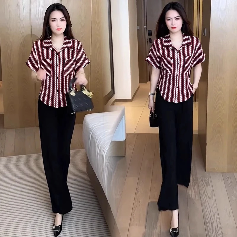 【现货】时尚条纹衬衫女2025夏季新款洋气百搭显瘦宽松短袖上衣衬衣