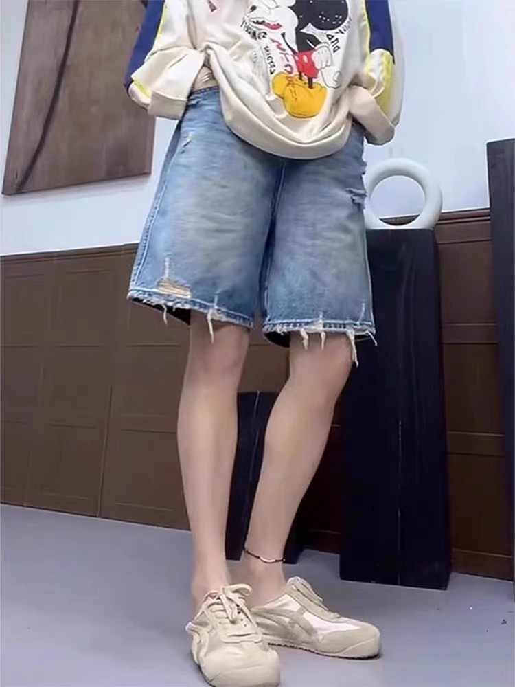 高腰显瘦无弹直筒破洞牛仔短裤夏季新款百搭遮胯宽松五分阔腿裤子