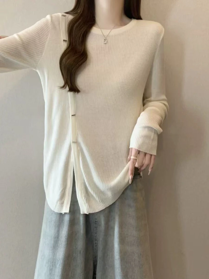 687 GZ设计感不规则针织衫正肩长袖T恤女春装新款打底内搭上衣