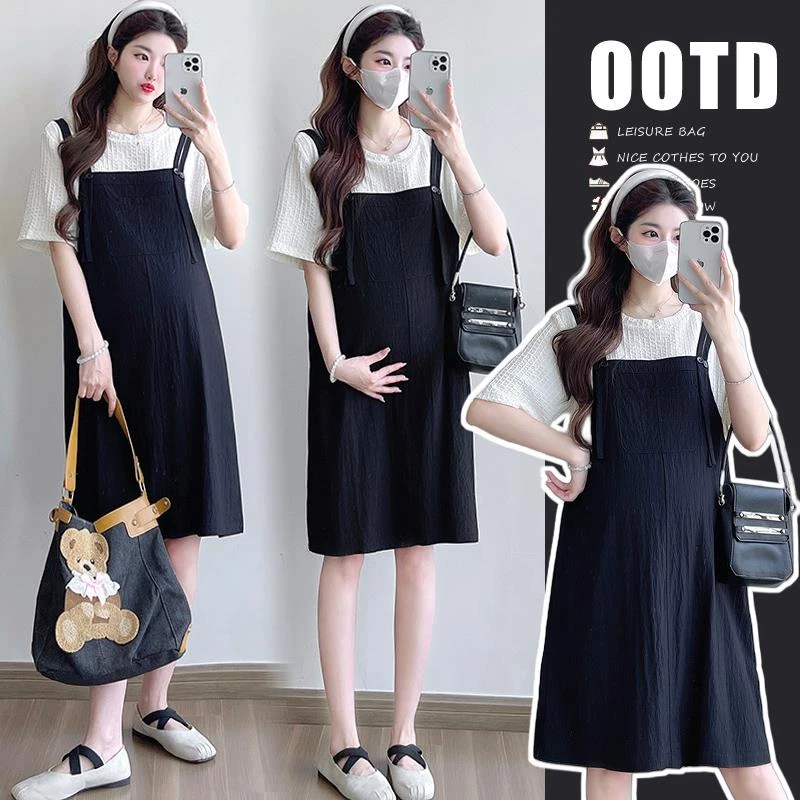 简约孕妇装夏季新款圆领短袖撞色假两件拼接T恤连衣裙