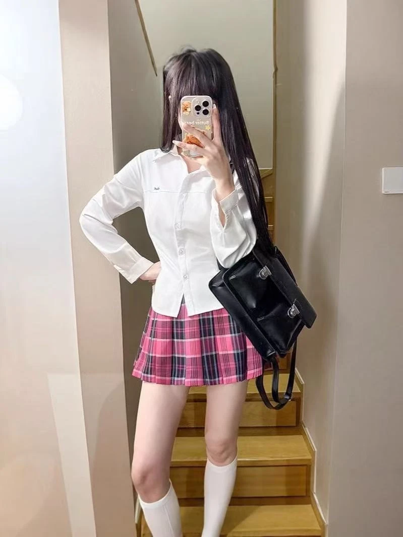 小玫长袖夏季制服全套装辣妹纯欲百搭衬衫上衣感白色长袖格子裙