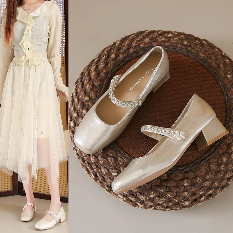 2025春夏新款方头浅口低跟单鞋软皮带钻百搭玛丽珍凉鞋女鞋237-6