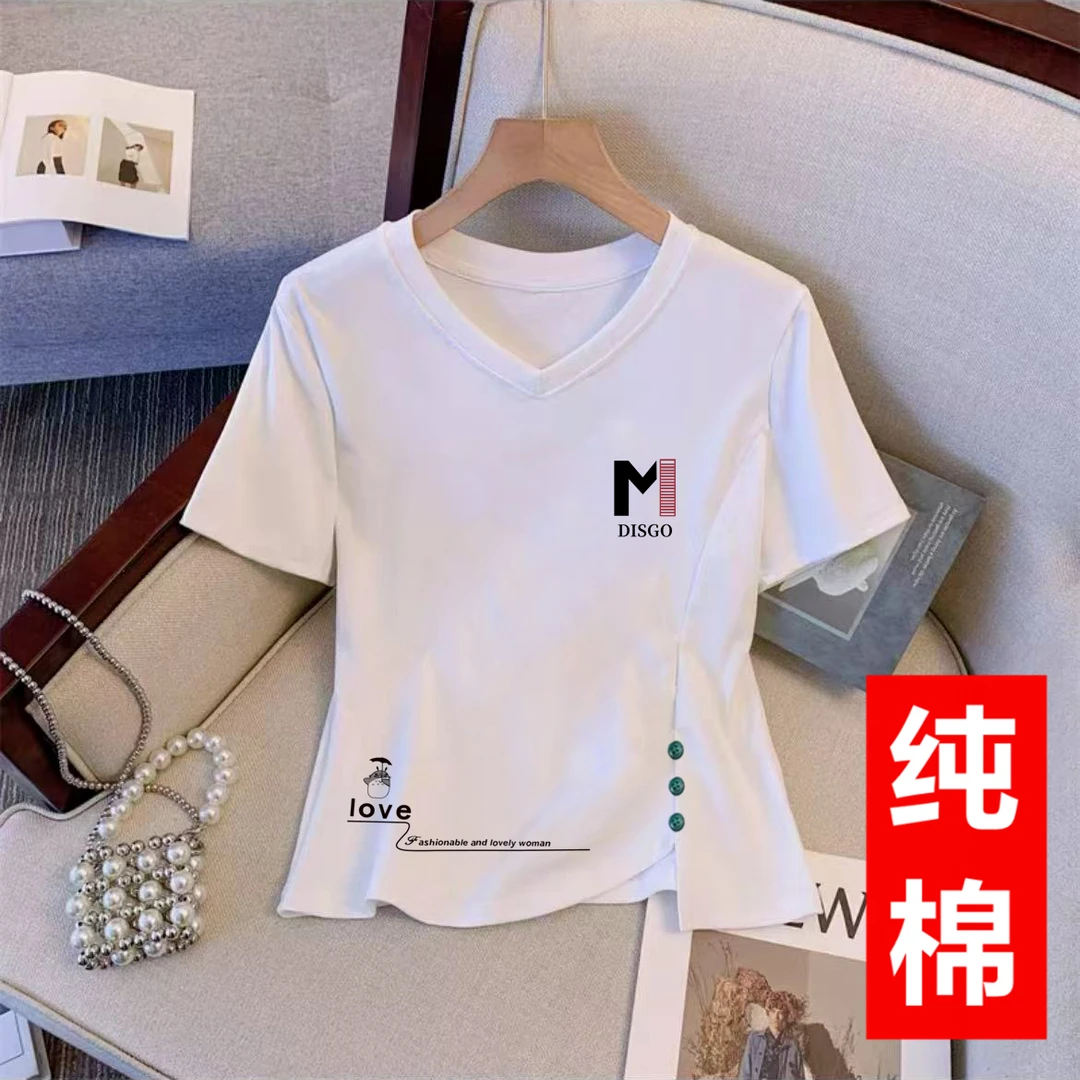 短袖t恤新款夏季V领韩版百搭潮流不规则短款体恤上衣潮