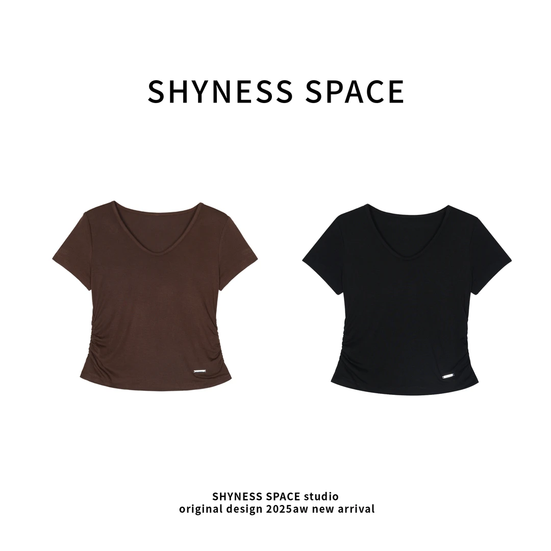 短袖短款V领U领小飞袖设计感T恤打底衫纯色HB370