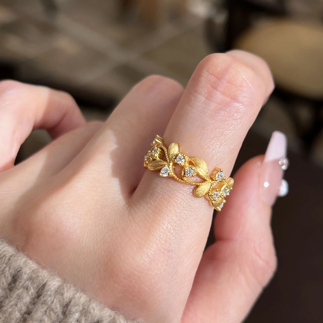合金戒指 春暖花开新中式花枝树叶金色戒指女小众设计感时尚