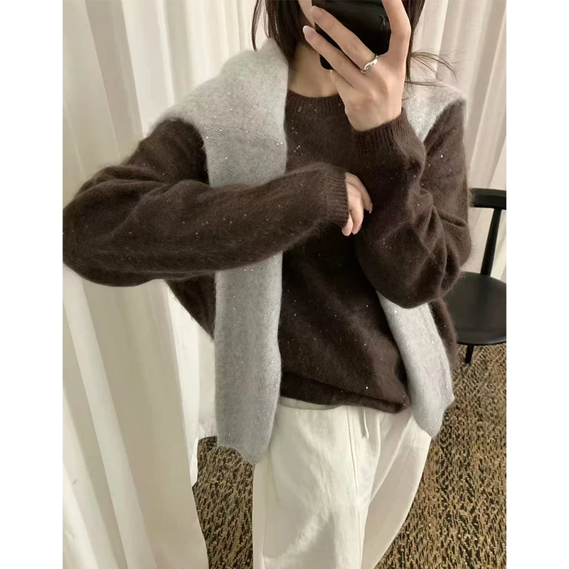 星闪」不扎人~秋冬圆领亮片软糯针织衫慵懒风亮闪闪宽松毛衣-5558