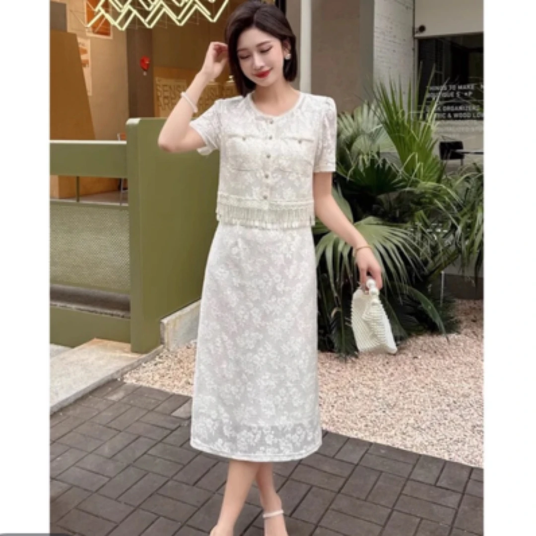 8871#【裙长98】夏季白色蕾丝流苏假两件连衣裙女款流行显瘦裙子