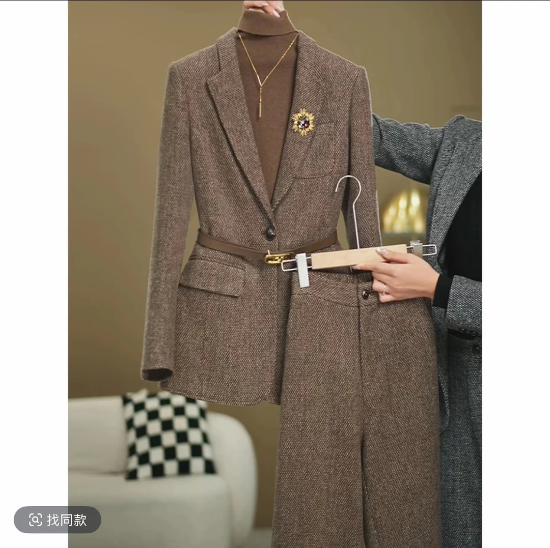 【两件套】时尚通勤套装女2025秋冬新款加厚西服+直筒裤套装A810227
