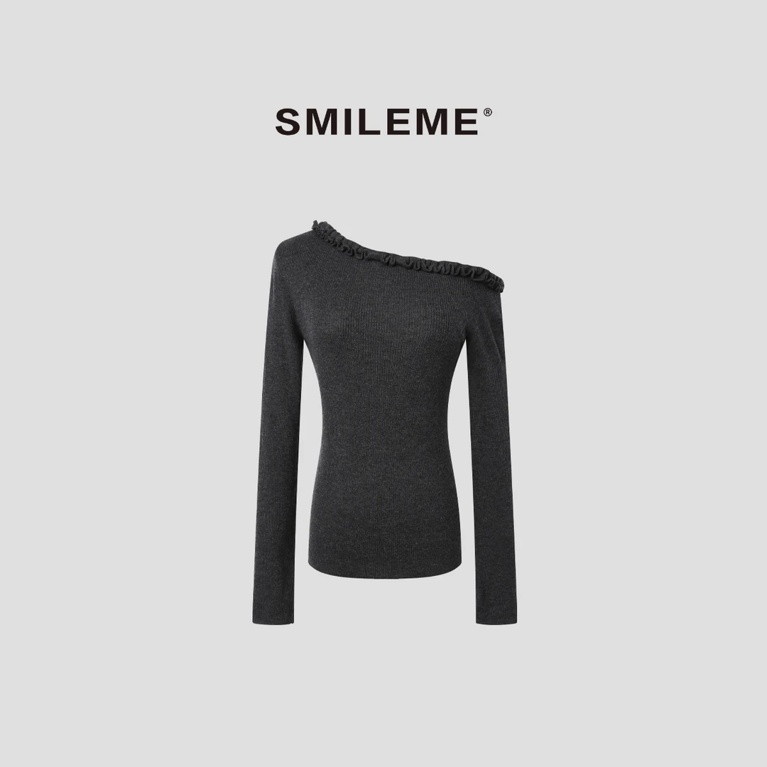 3-SMILEME【絮语漫肩】绵羊毛木耳边斜肩圆领针织衫R5376076