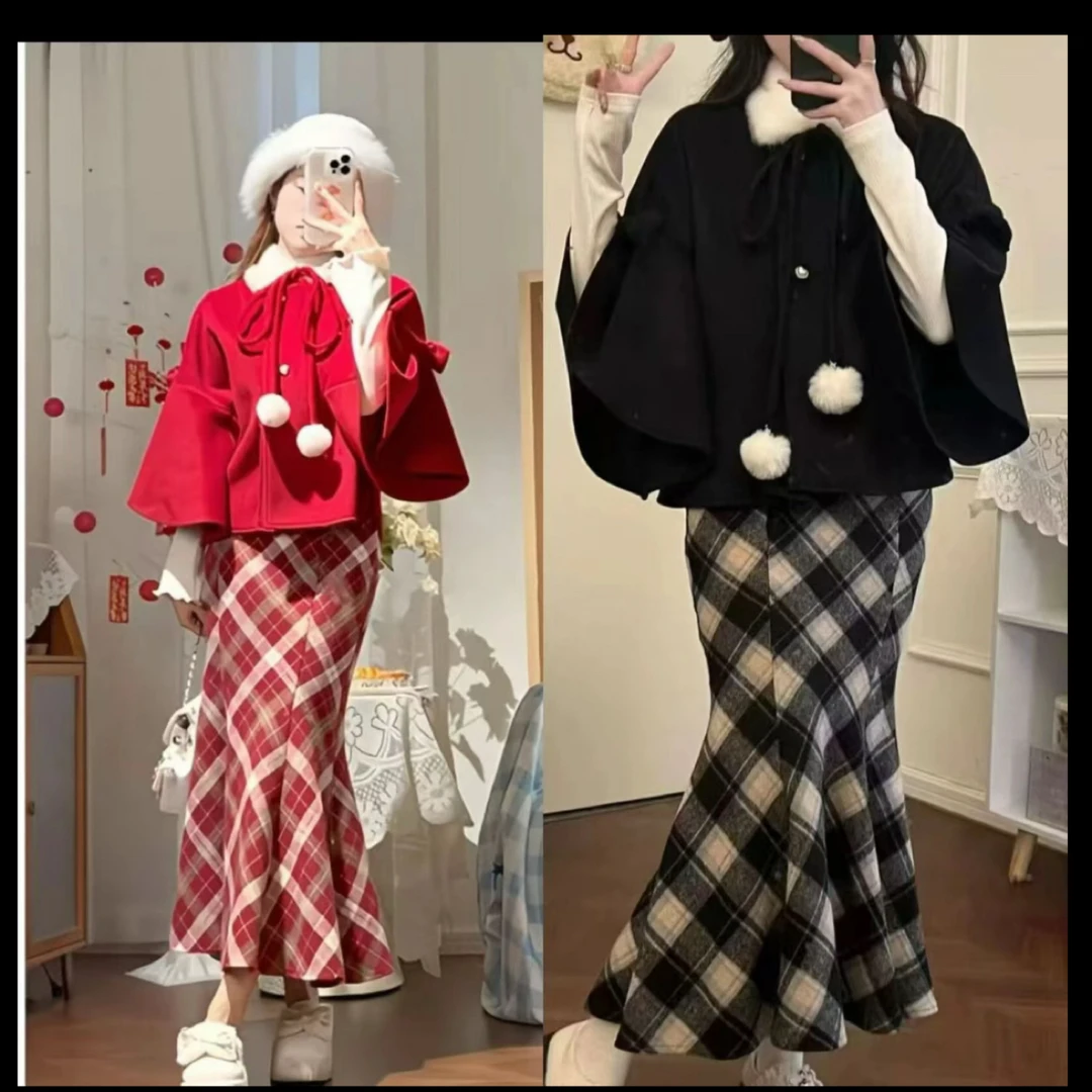 Tian : 秋冬新款圣诞氛围感减龄百搭毛呢斗篷鱼尾半身裙套装