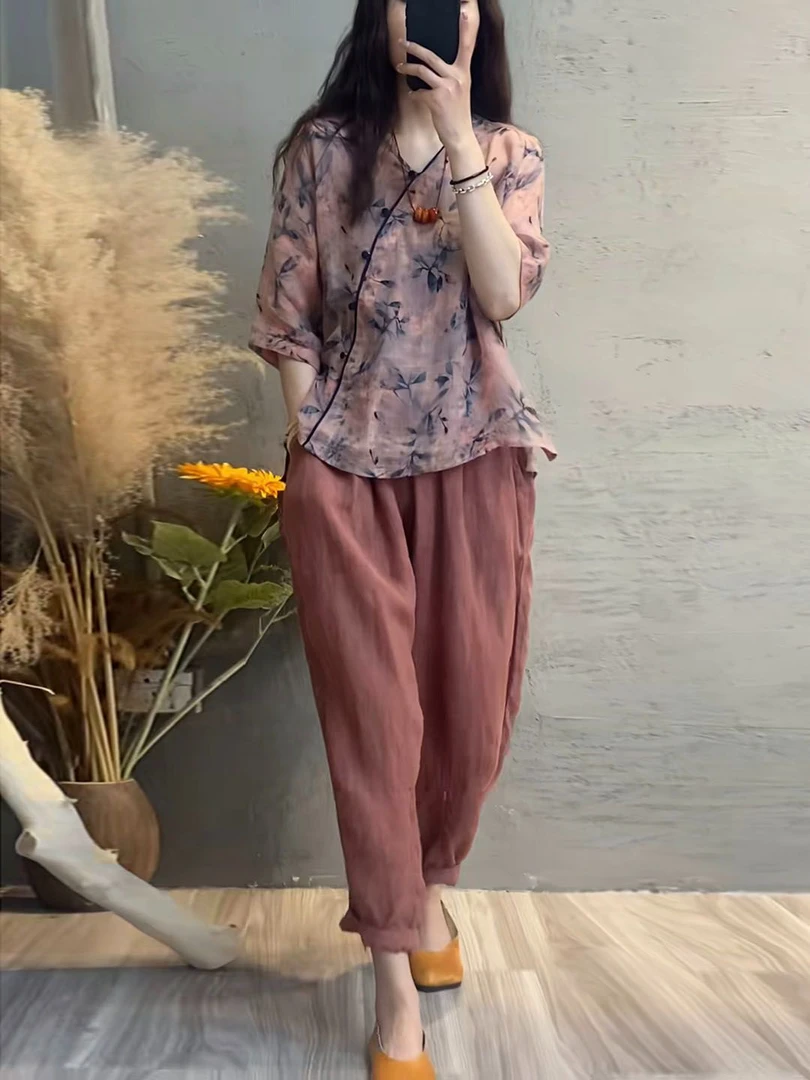 2025时尚套装女夏季新款印花拼接假两件上衣哈伦裤显瘦两件套休闲