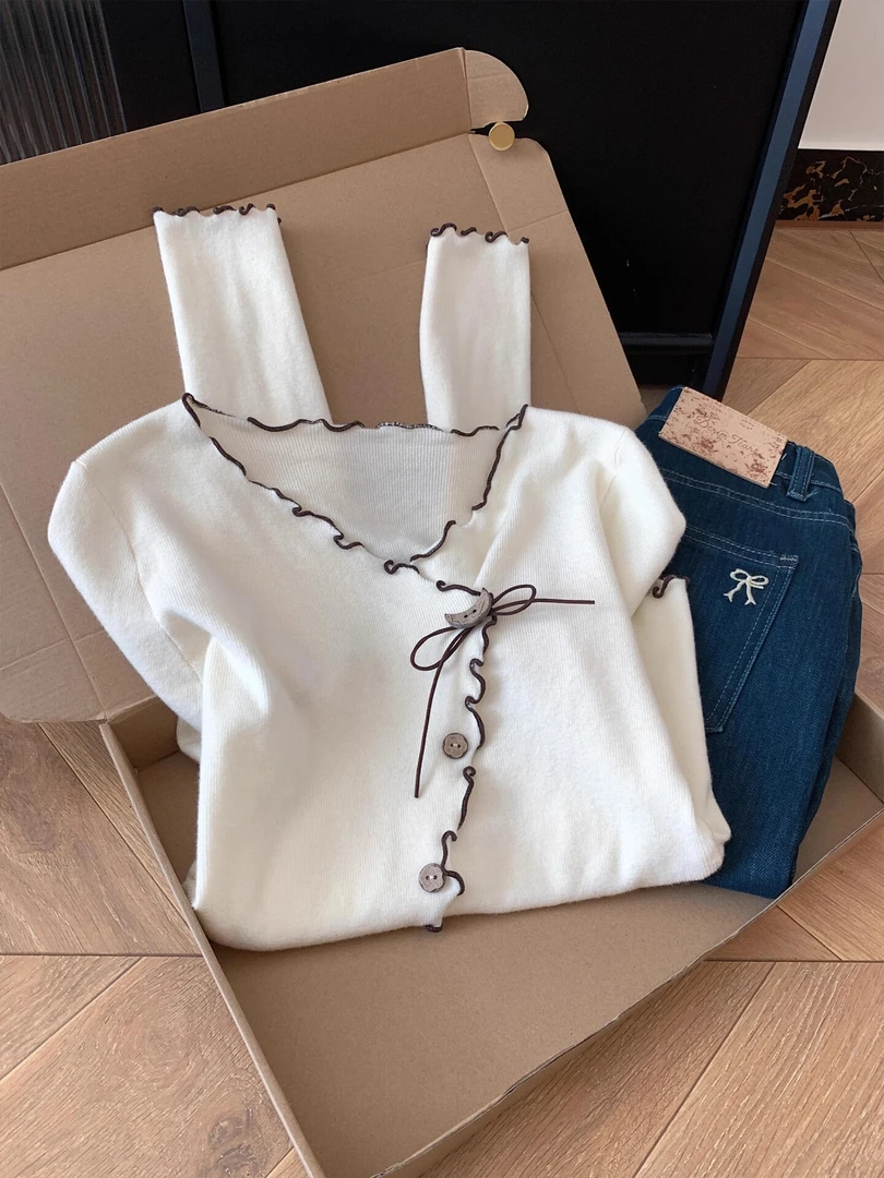 韩系甜美纯欲木耳边针织开衫毛衣女2025秋季修身显瘦时尚百搭上衣