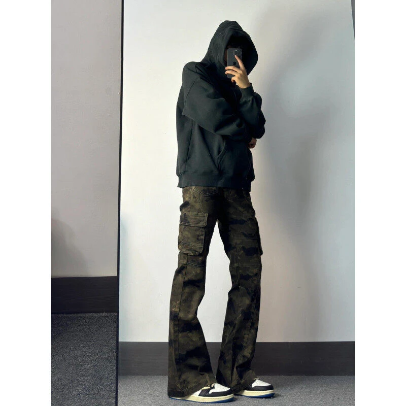 cleanfit迷彩工装裤男款秋冬美式复古多口袋牛仔裤窄版微喇长裤子