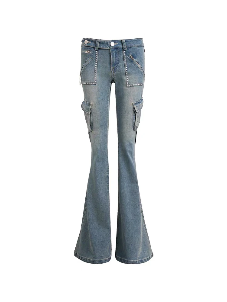 BYÏNG STUDIO 25春夏 水洗解构铆钉工装修身牛仔裤微喇长裤