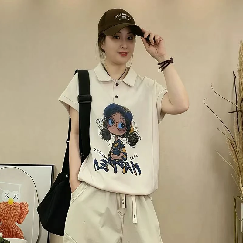 2025夏季新款休闲时尚百搭翻领印花短袖T恤女宽松显瘦卡通上衣潮