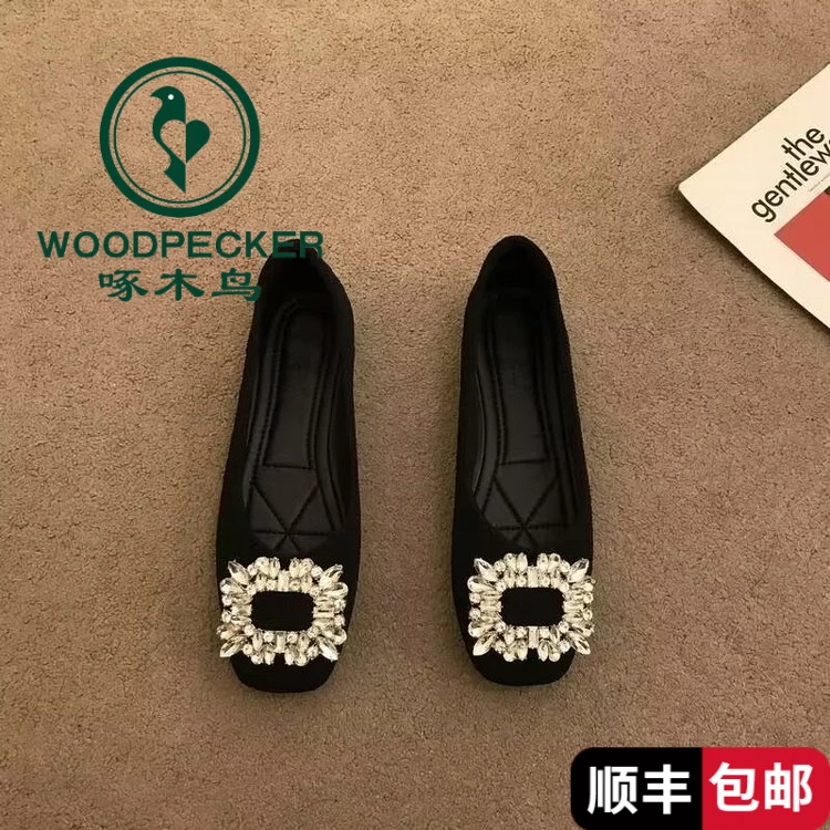 啄木鸟厚底软底方头平底女黑色2025百搭新款水钻方扣浅口瓢鞋豆豆