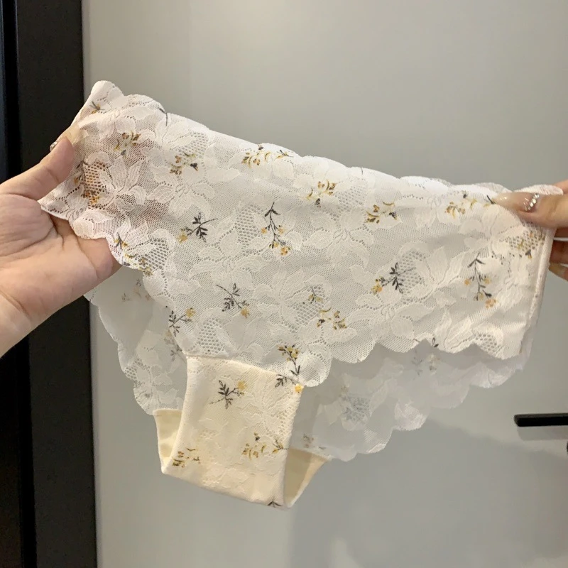 薄款蕾丝性感内裤女士半透明提花波浪边透气无痕棉裆中腰三角裤