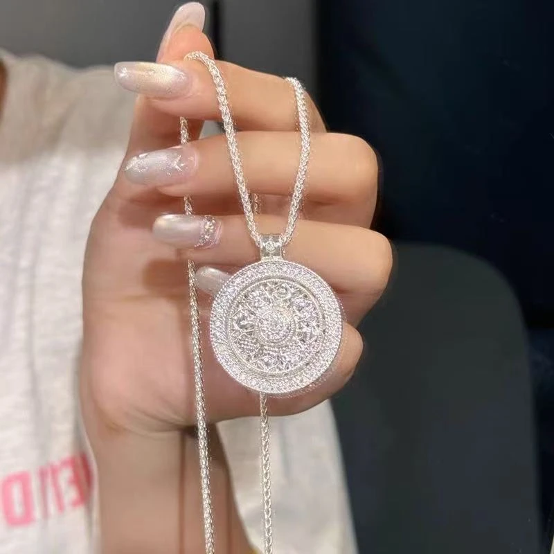 吊坠足银 可转动镶钻八宝罗盘项链女双面花纹雕花锁骨链古法镂空
