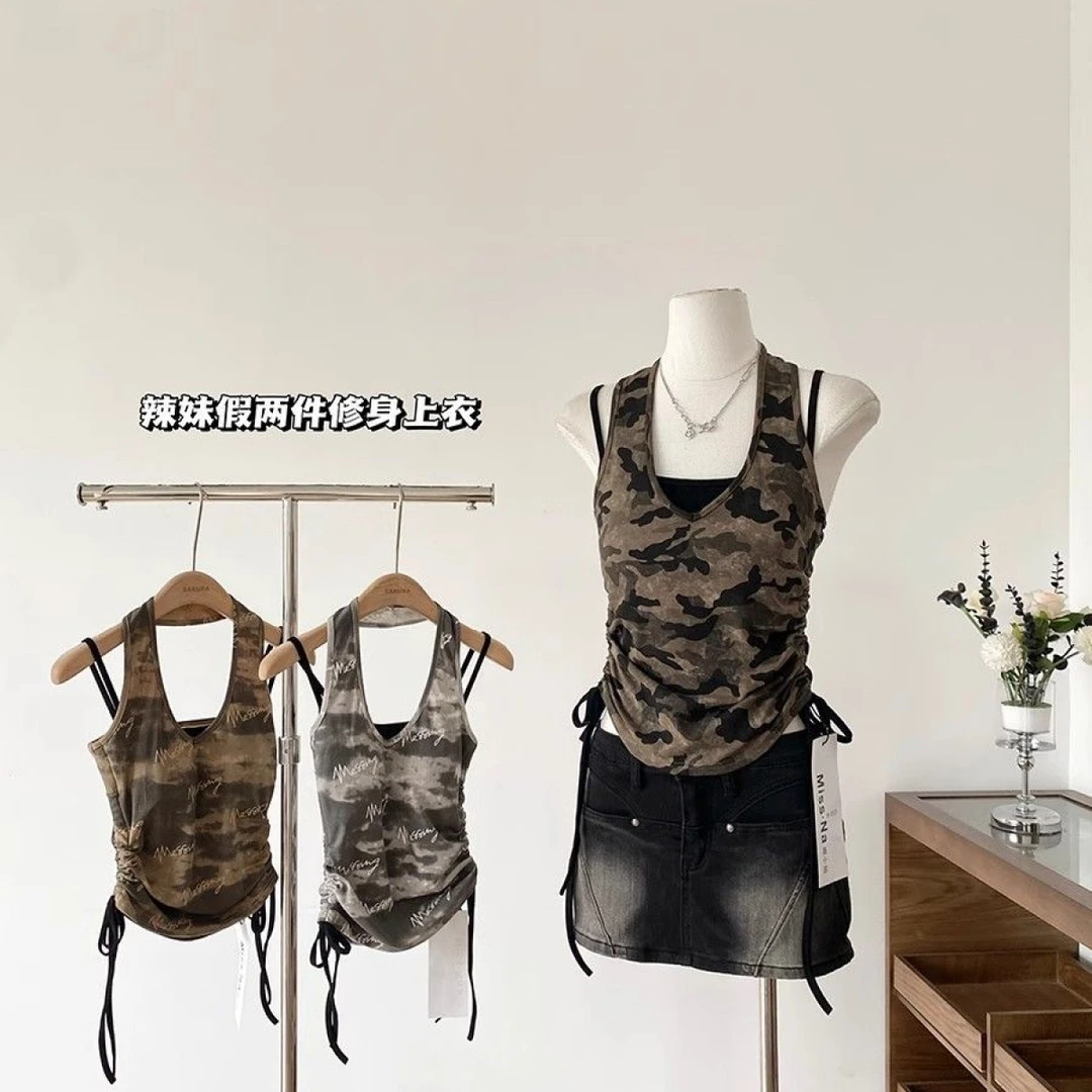 2025年夏季新款美式复古潮流辣妹迷彩色假两件美背无袖吊带背心女